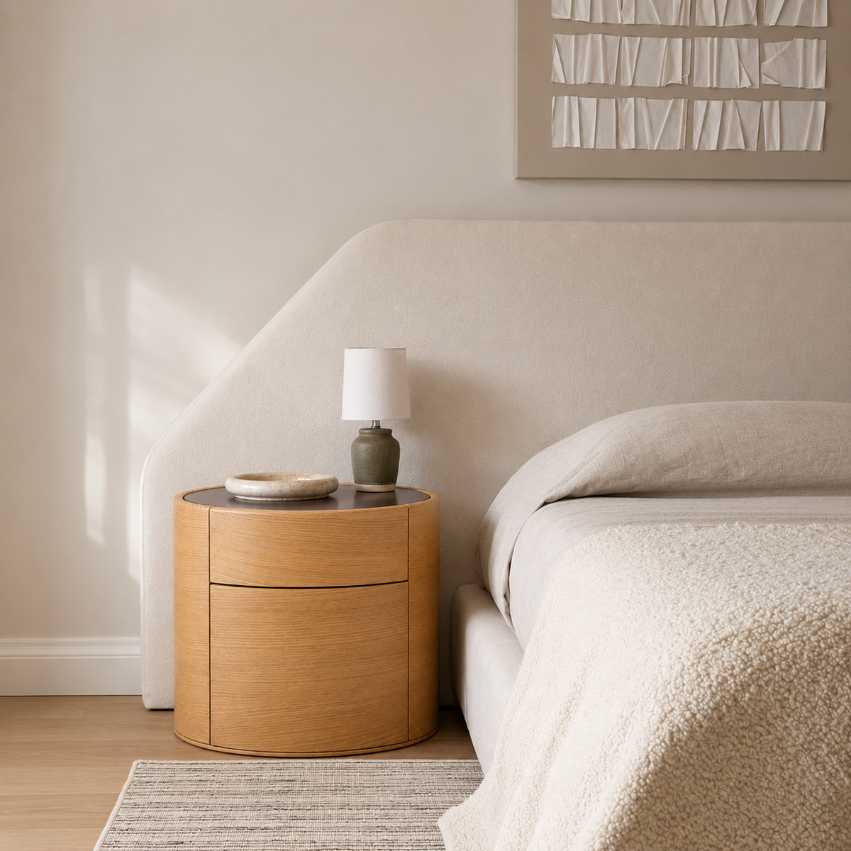 SPINIS Light Oak Rotating Cylinder Brown Leather Top Nightstand